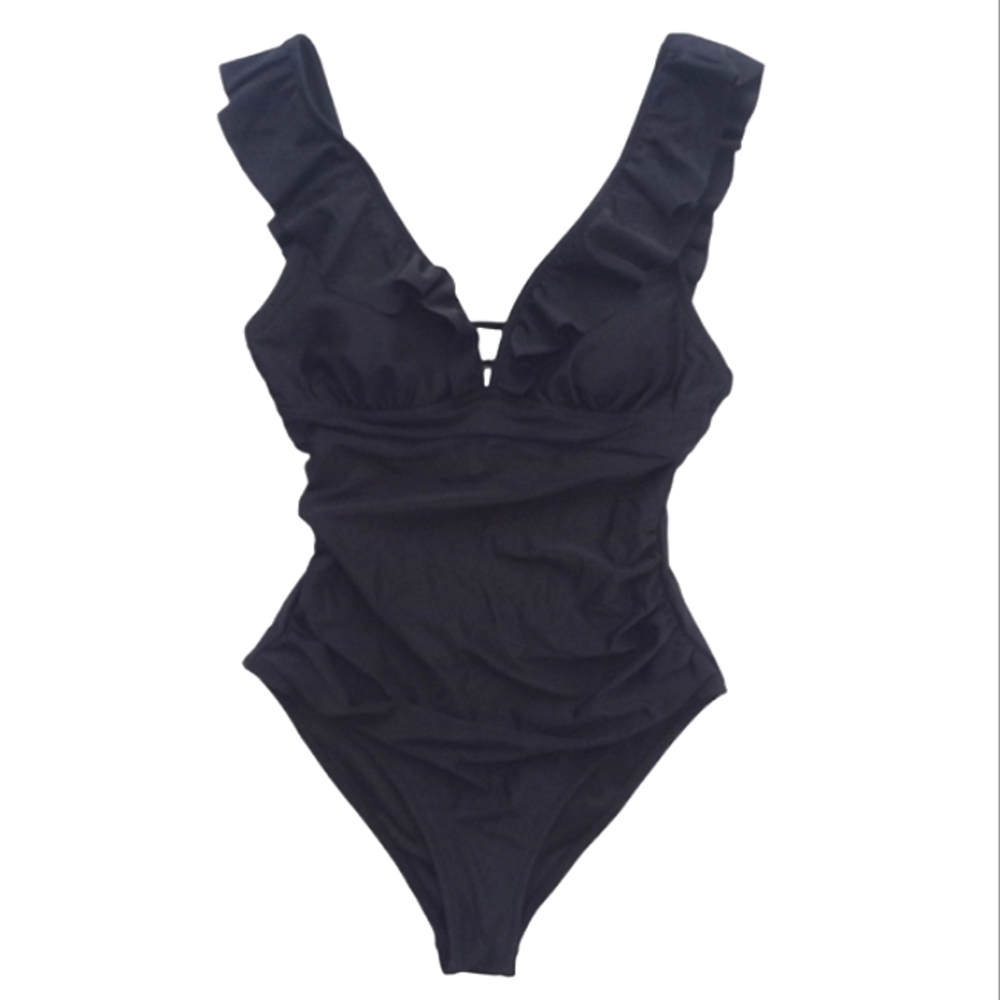 Cupshe Women's One Piece Swimsuit Ruched Ruffle High Cut Black Size Small